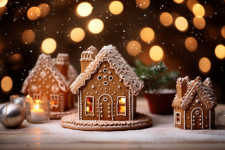 Gingerbread houses on a wooden background with bokeh lightsの素材