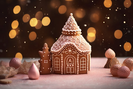 Gingerbread house with christmas decoration on bokeh backgroundの素材