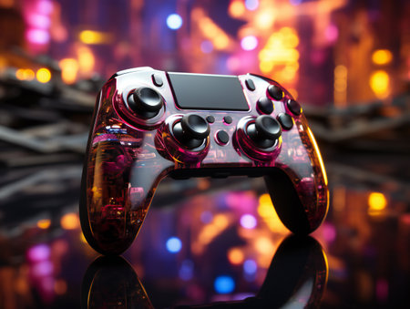 video game controller on the background of a colorful bokeh.の素材