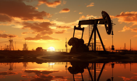 Oil drilling rig at sunset. Oil industry equipment. 3d renderの素材