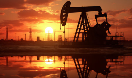 Oil pump in the setting sun. Oil industry background. 3d renderingの素材