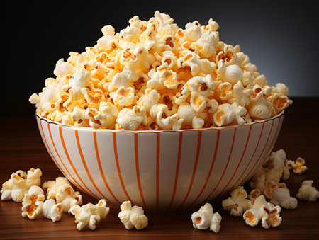 Popcorn in bowl on wooden table, closeup. Cinema conceptの素材
