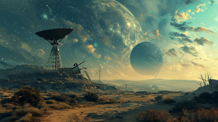 3D illustration of an alien planet with satellite dish and the moonの素材