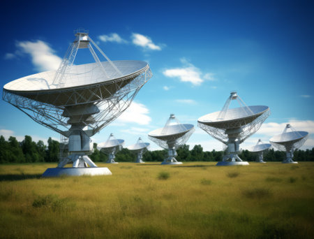 The silhouette of a radio telescope on the background of the field.の素材