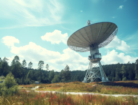 The silhouette of a radio telescope on the background of the summer landscapeの素材
