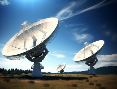 3d render of satellite dishes in the field with blue sky backgroundの素材