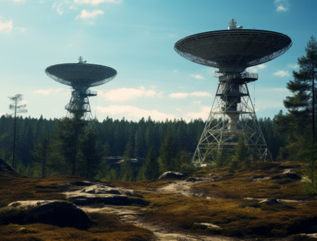 Radio telescope in the background of the forest. The concept of space exploration.の素材