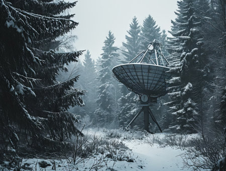 satellite dish in winter forest - retro vintage hipster style pictureの素材