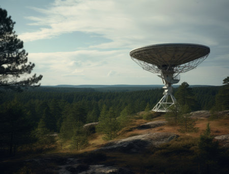 satellite dish on the top of a hill in the forest.の素材
