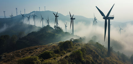 Wind turbines on the hillside in the morning with fog, panoramaの素材