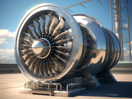 3d rendering of a jet engine at the airport in sunny dayの素材