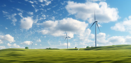 Wind turbines on green field with blue sky. 3D rendering.の素材