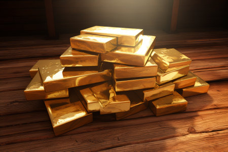 Stack of gold bars on wooden background. 3d render illustration.の素材