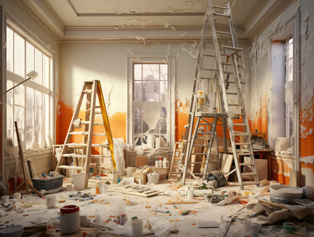 Empty room with a ladder, paint cans and wallpapers. 3D renderingの素材
