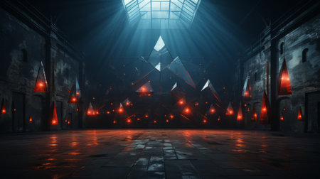 Futuristic dark corridor with glowing lights. 3D rendering.の素材
