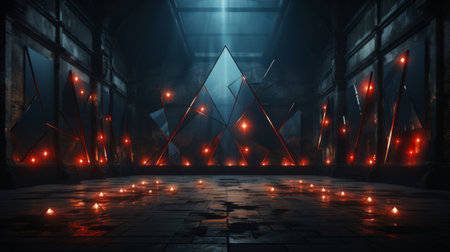 Futuristic 3d rendering of a dark corridor with neon lightsの素材