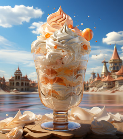 Ice cream with orange and whipped cream in a glass on a background of the Moscow Kremlinの素材