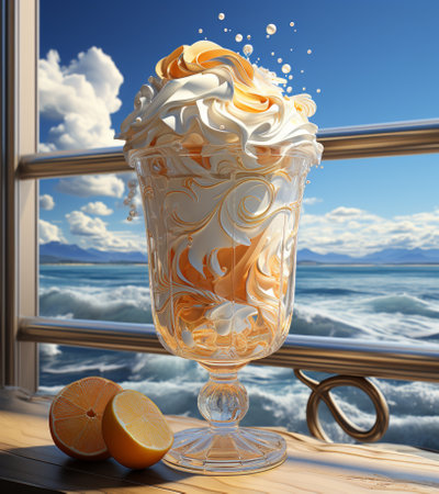 Fruit milkshake with whipped cream and orange slices on the windowの素材