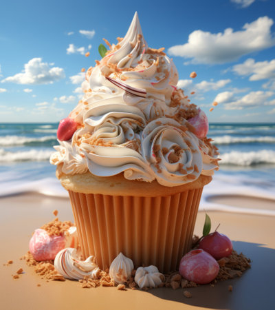 Cupcake on the beach with sea and blue sky background.の素材