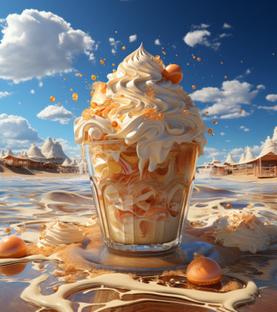 Ice cream with caramel in a glass on the beach. 3d renderingの素材