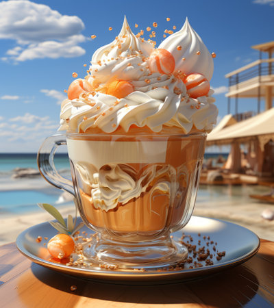 Cup of coffee with whipped cream and candied fruits on the beachの素材
