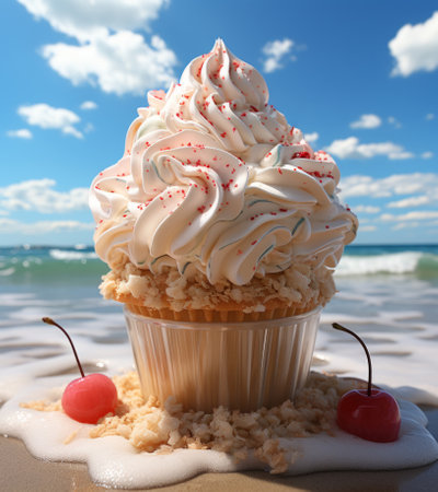 Cupcake with whipped cream and cherry on the sandy beach.の素材