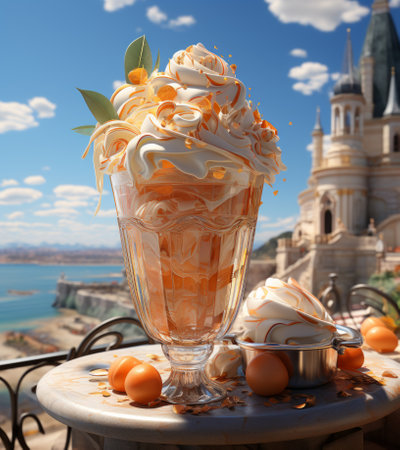 Ice cream sundae with whipped cream and orange fruits on terraceの素材