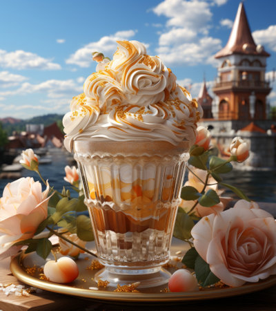 Cupcake with whipped cream and roses on the background of the ancient cityの素材