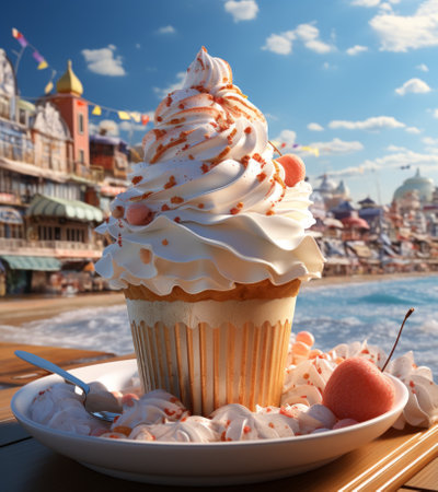 Cupcake with whipped cream and cherry on the background of the Moscow Kremlinの素材
