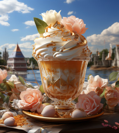 Cup of coffee with whipped cream and roses on the background of the Moscow Kremlinの素材