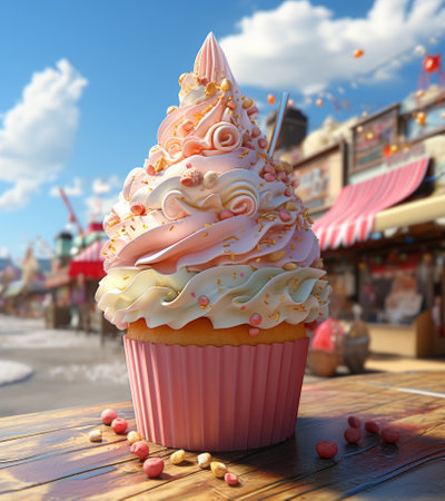 Cupcake on a background of the amusement park. 3d renderingの素材