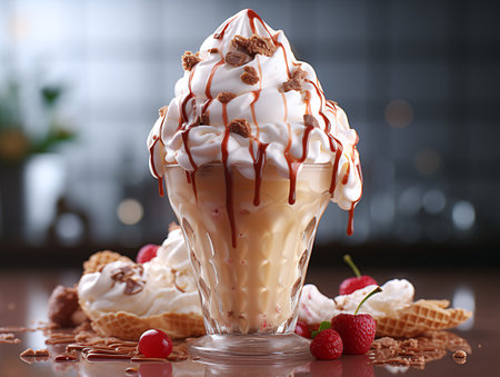 Vanilla ice cream with whipped cream and caramel in a glass cupの素材