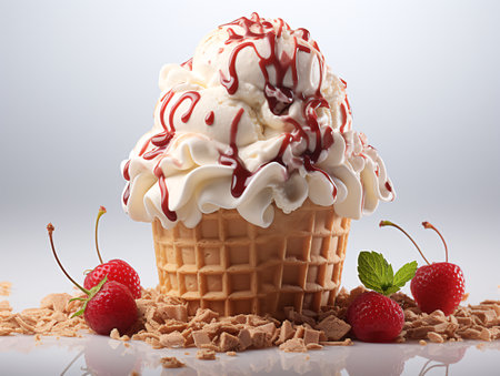Ice cream in waffle cone with strawberries and chocolate on white backgroundの素材