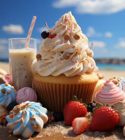 Cupcake with ice cream and berries on the sandy beach.の素材