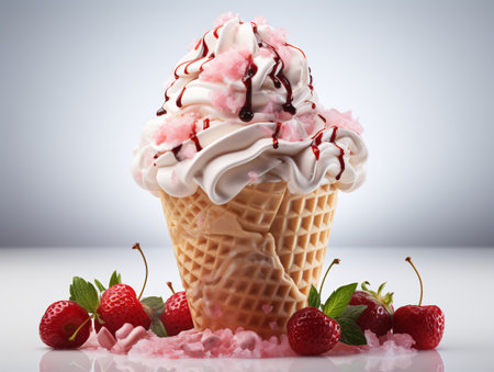 Ice cream with strawberry and mint in waffle cone on gray backgroundの素材
