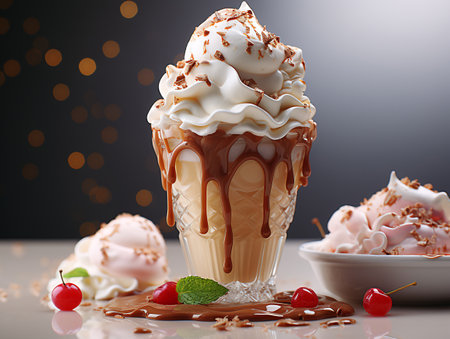 Chocolate ice cream with whipped cream and cherries in a glassの素材