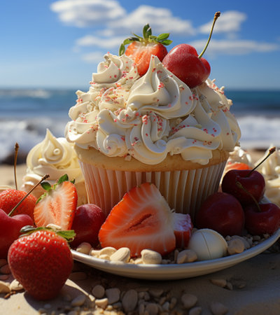 Cupcake with strawberries, cherries and whipped cream on the beachの素材