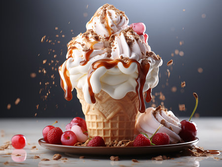 Ice cream in waffle cone with splashes and cherries on gray backgroundの素材