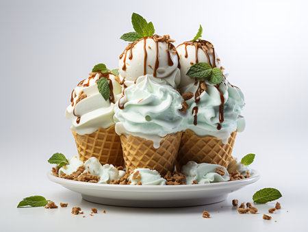 ice cream with chocolate and mint on a white background, closeupの素材