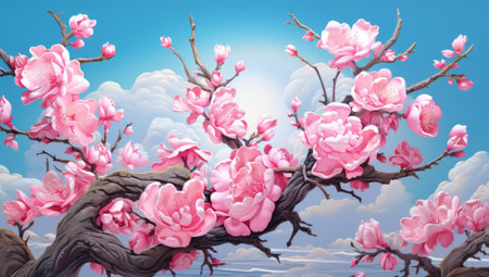 cherry blossom on blue sky background with clouds - 3d illustrationの素材