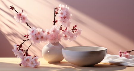 ceramic vase with sakura flowers on wooden table, closeupの素材