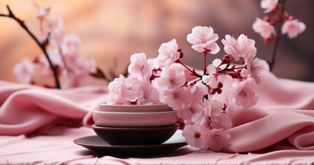 Plate with beautiful sakura blossom on table, closeupの素材
