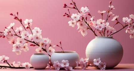 Cherry blossoms in vases on pink background, spring flowersの素材