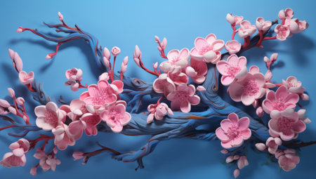 Pink cherry blossom tree on blue background. 3D illustration.の素材