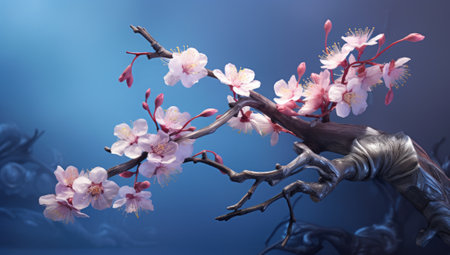 cherry blossom branch on blue background, 3d render illustrationの素材