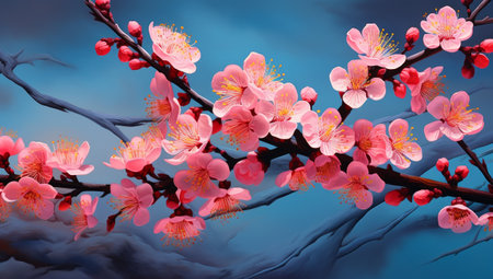 cherry blossom on blue sky background. 3D illustration.の素材