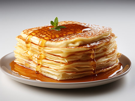 Pancakes with maple syrup on a plate, close-upの素材