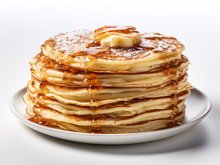 Stack of pancakes with maple syrup on white background. Shallow dof.の素材