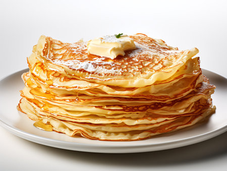 Stack of Pancakes with Butter and Powdered Sugar on White Plateの素材