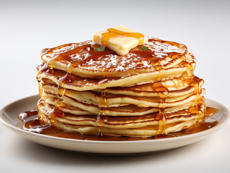 Stack of pancakes with maple syrup and butter on a white background.の素材